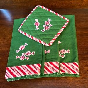 Christmas towels total of 3 and 1 pot holder green with peppermints
